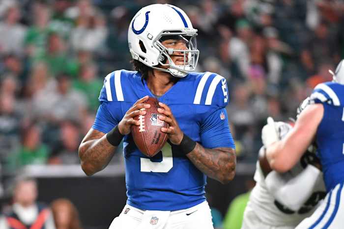 Aug 24, 2023; Philadelphia, Pennsylvania, USA; Indianapolis Colts quarterback Anthony Richardson (5) looks for a receiver against the Philadelphia Eagles during the first quarter at Lincoln Financial Field.